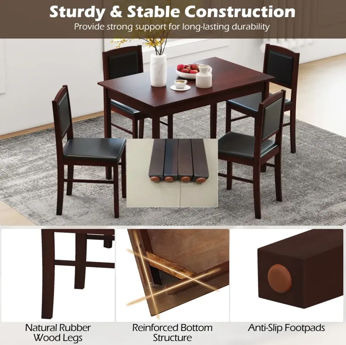 5-Piece Dining Set for 4 with Rubber Wood Legs for Small Dining Room