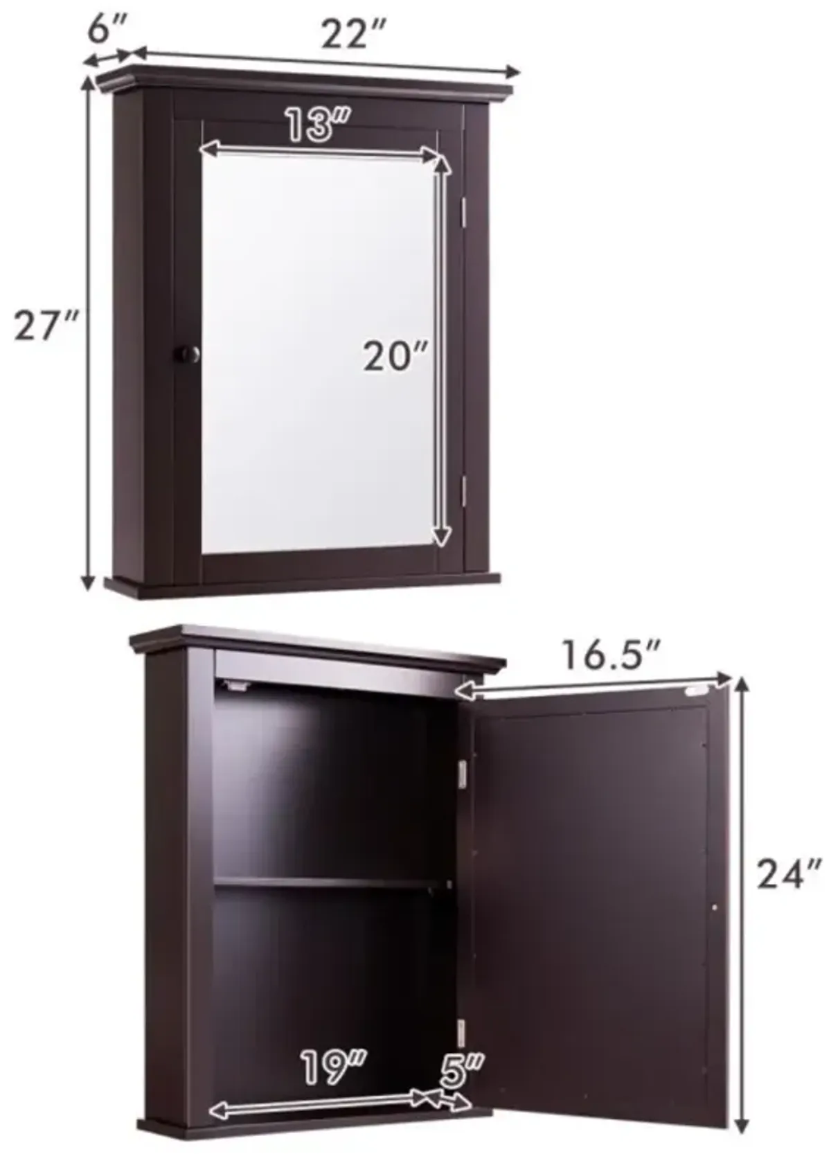 Hivvago Wall Mount Bathroom Cabinet with One Mirror Single Door Adjustable Shelves Retro Handle