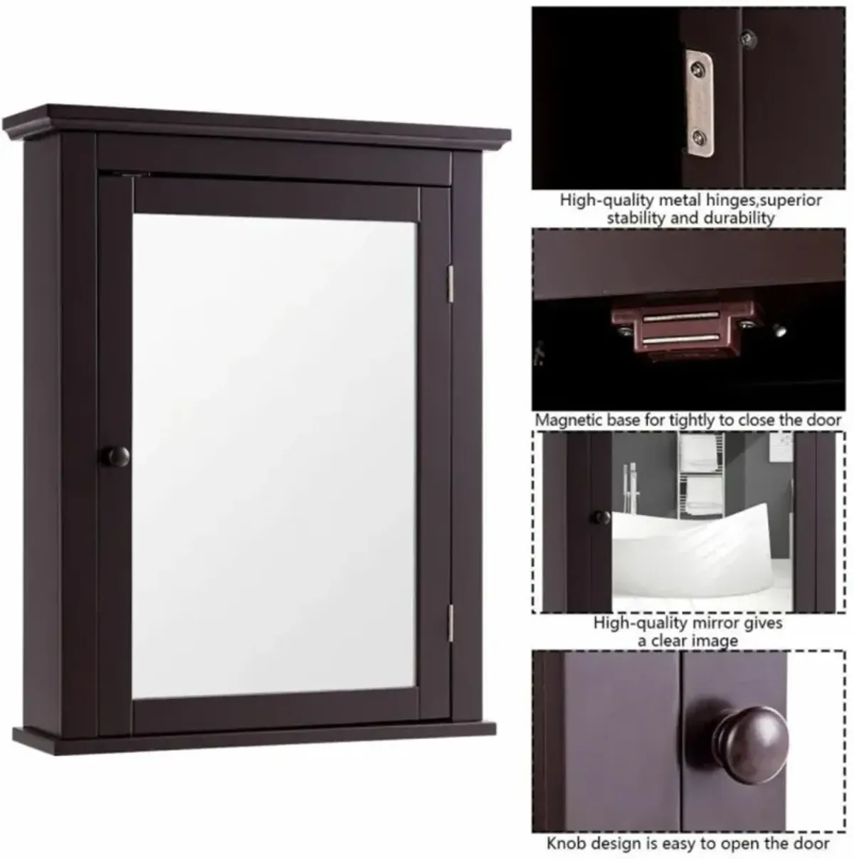 Hivvago Wall Mount Bathroom Cabinet with One Mirror Single Door Adjustable Shelves Retro Handle