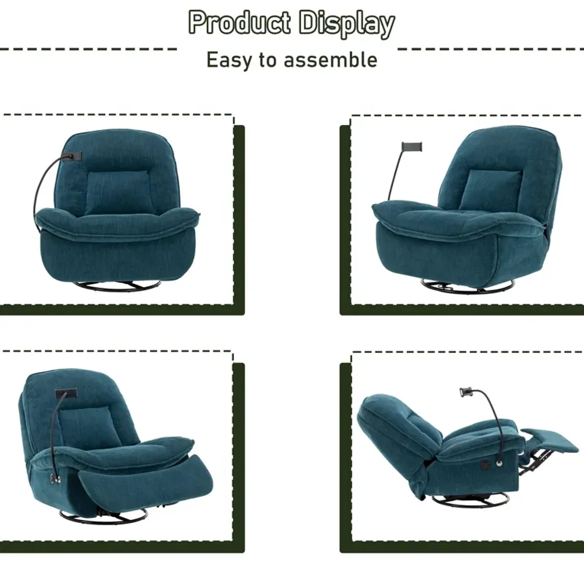 Lake Green Chenille Fabric Swivel Recliner with Mobile Phone Bracket