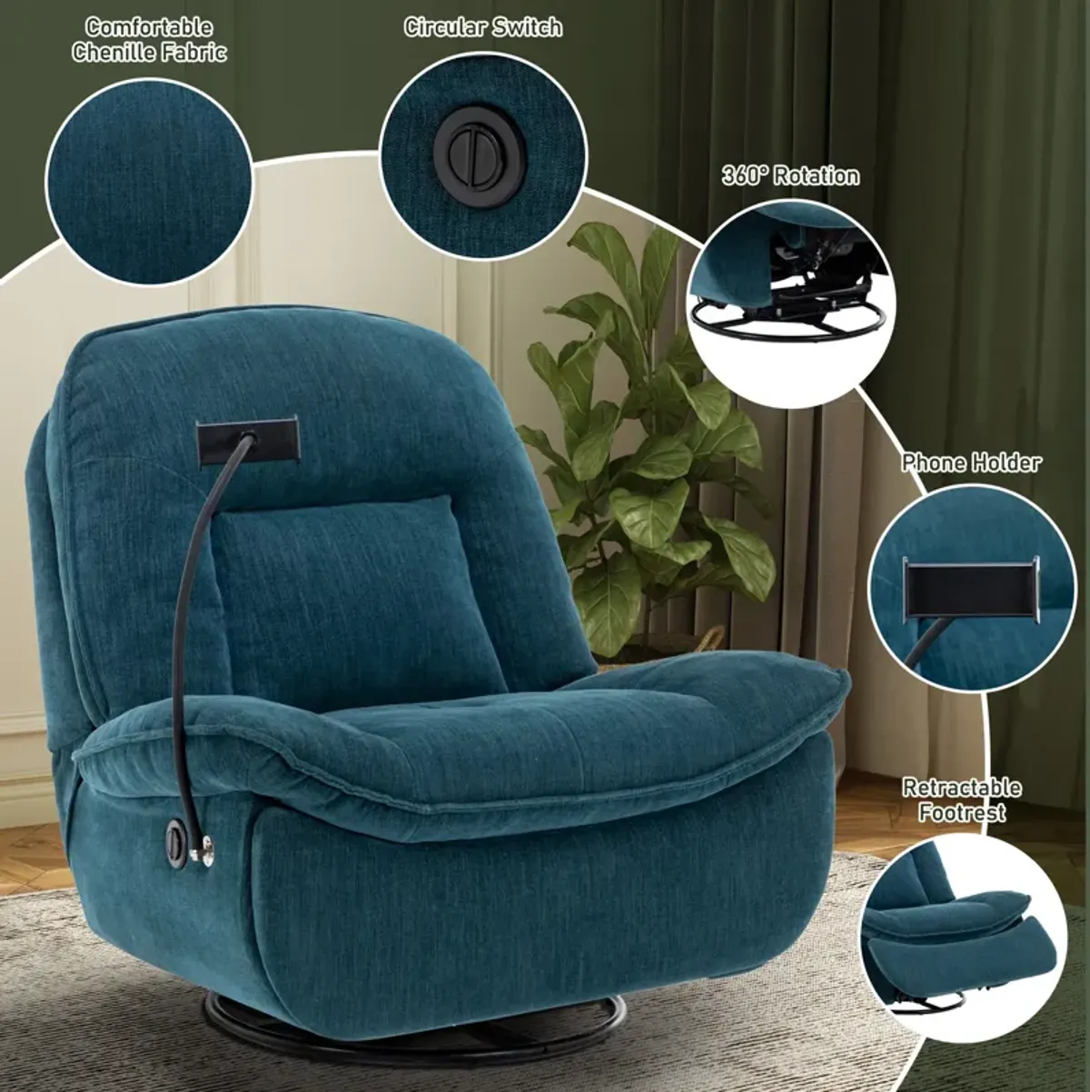 Lake Green Chenille Fabric Swivel Recliner with Mobile Phone Bracket