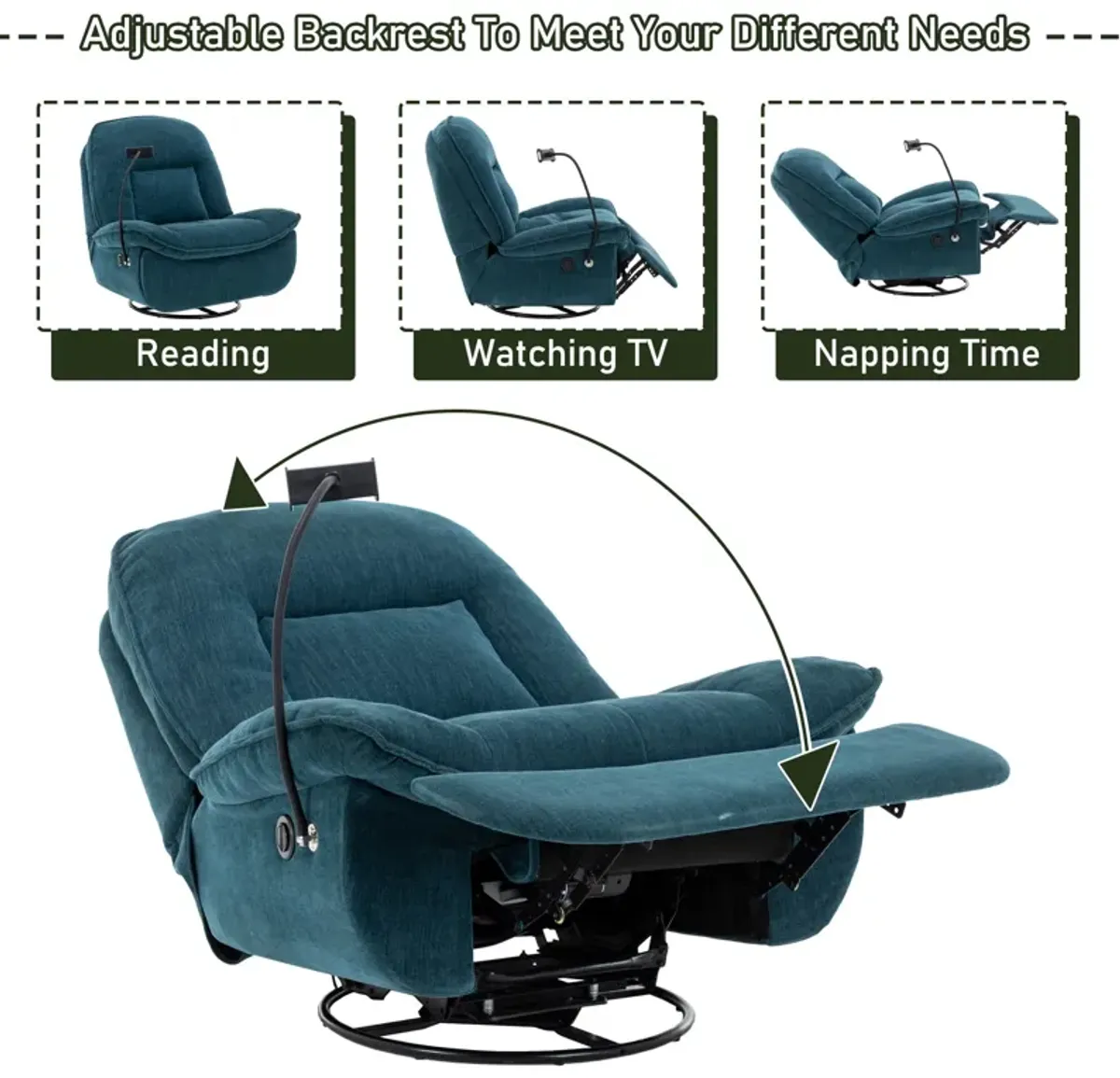 Lake Green Chenille Fabric Swivel Recliner with Mobile Phone Bracket