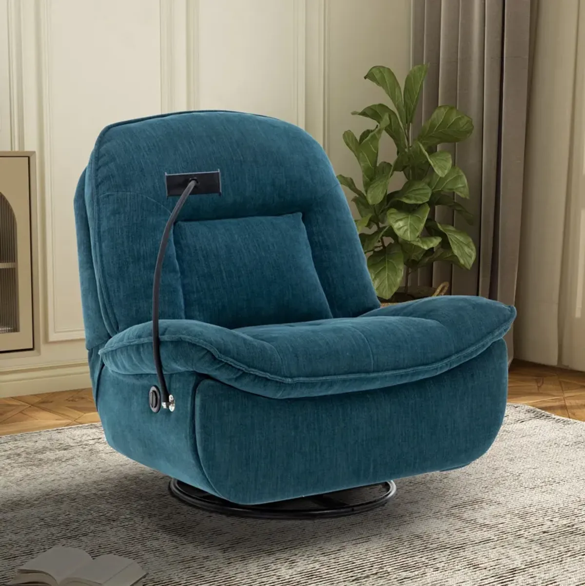 Lake Green Chenille Fabric Swivel Recliner with Mobile Phone Bracket