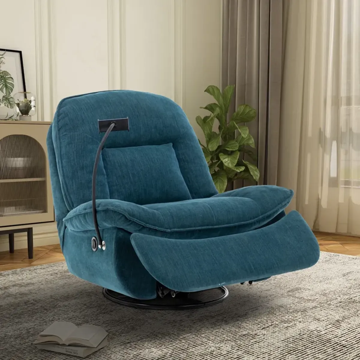 Lake Green Chenille Fabric Swivel Recliner with Mobile Phone Bracket