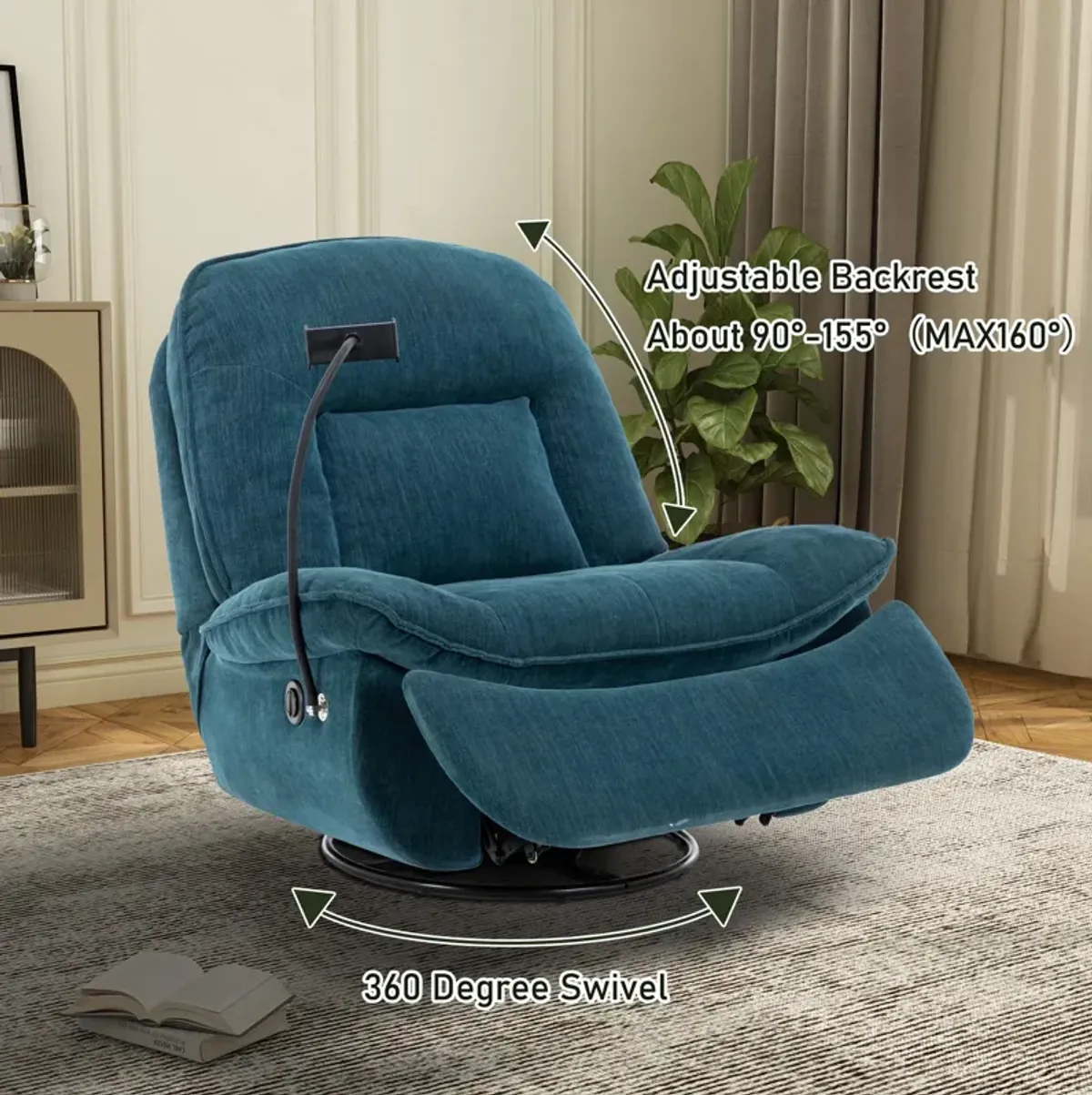 Lake Green Chenille Fabric Swivel Recliner with Mobile Phone Bracket