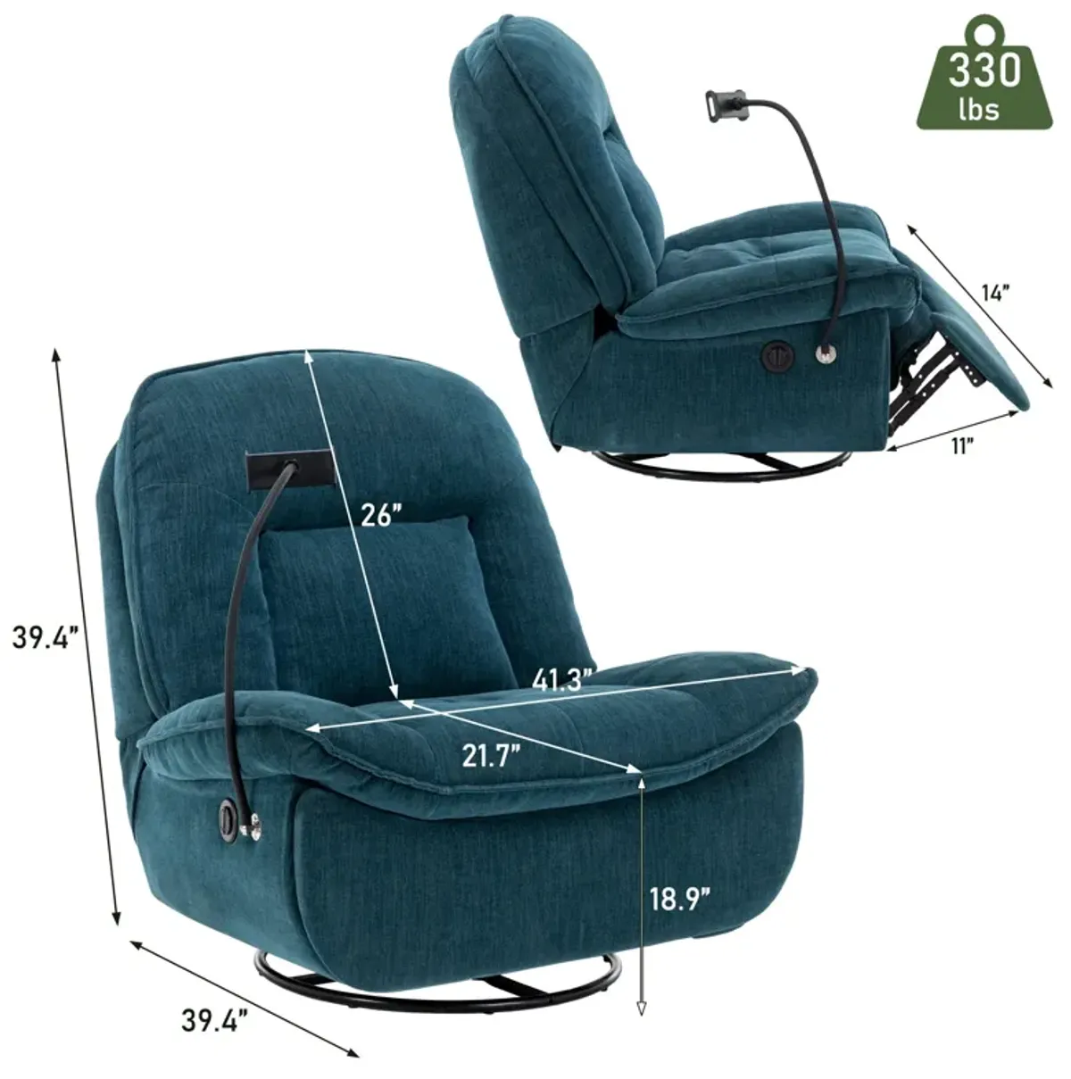 Lake Green Chenille Fabric Swivel Recliner with Mobile Phone Bracket