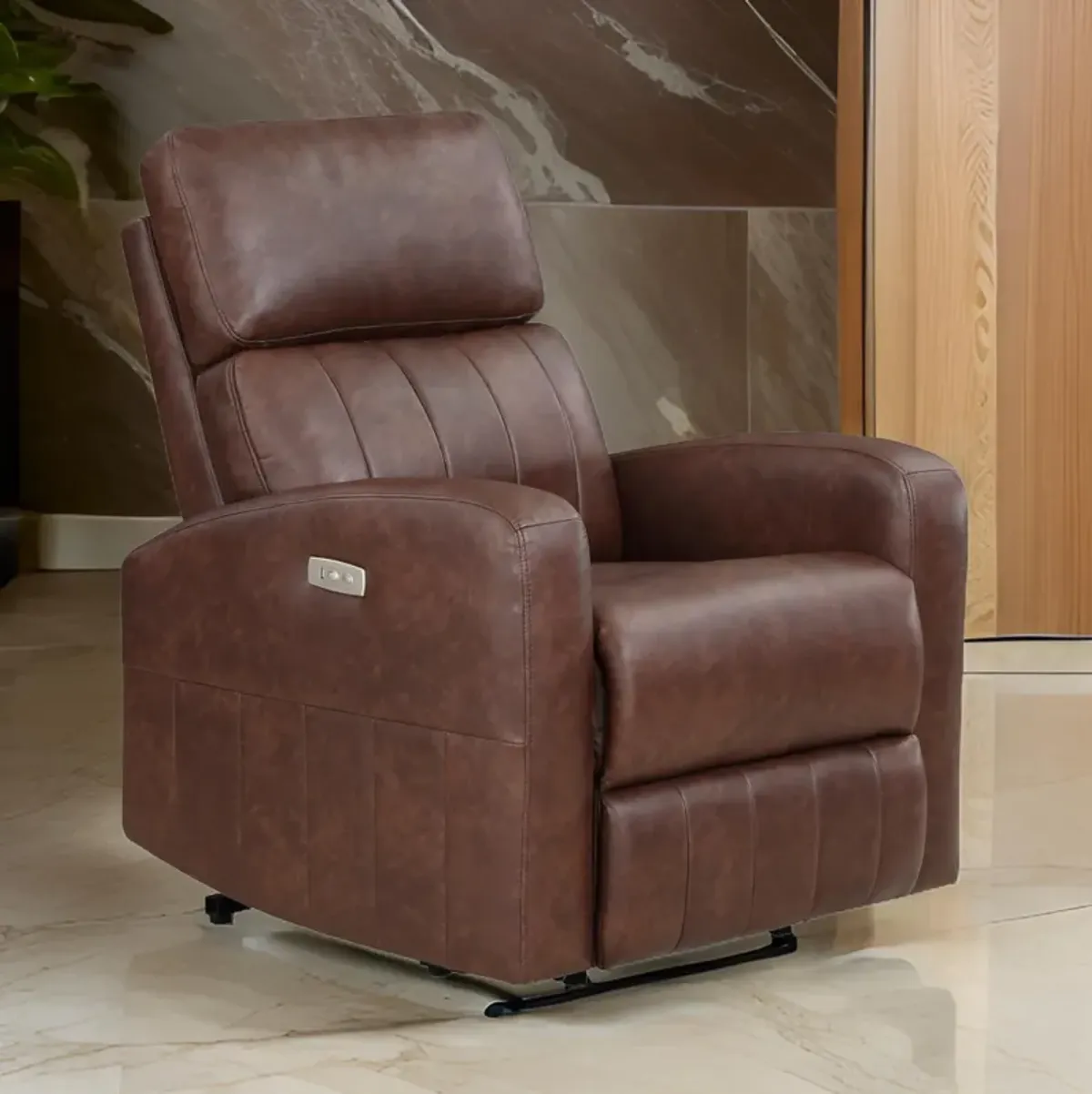 Eva 38 Inch Power Lift Recliner Chair, Brown Faux Leather, Solid Wood - Benzara