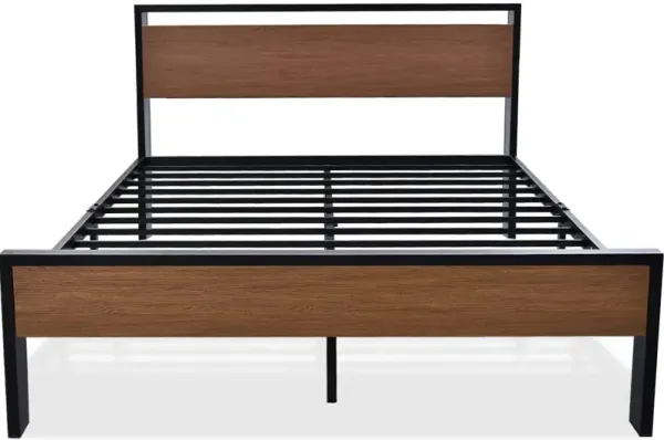 Metal Platform Bed with Wood Panel Headboard Footboard