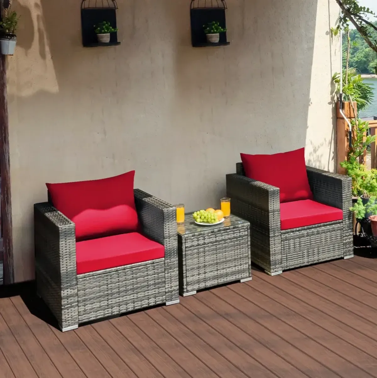 3 Pieces Patio Rattan Furniture Bistro Sofa Set with Cushioned