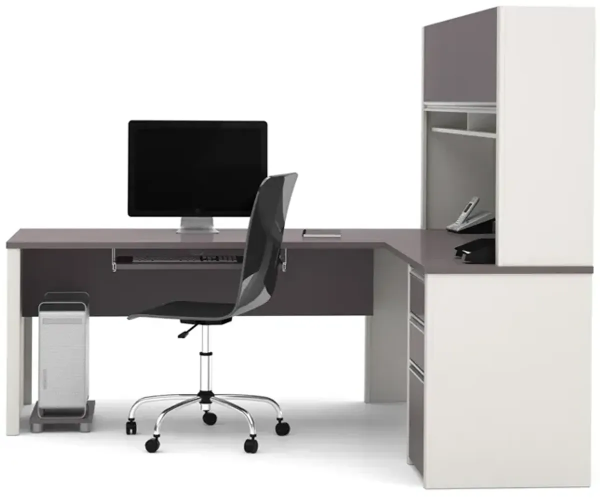 Bestar Connexion L-shaped workstation with hutch in Slate & Sandstone