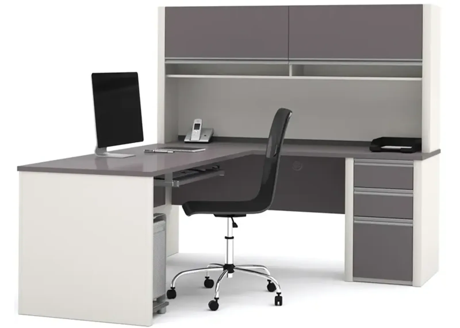 Bestar Connexion L-shaped workstation with hutch in Slate & Sandstone