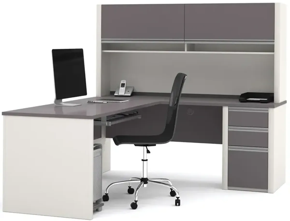 Bestar Connexion L-shaped workstation with hutch in Slate & Sandstone