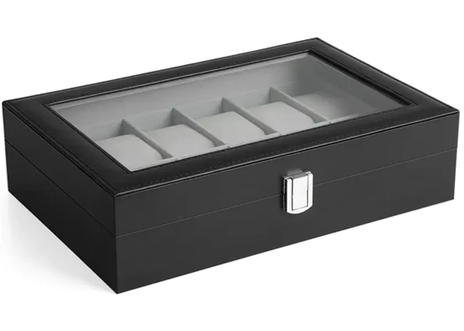 Men's 12-Slot Watch Case Glass Top, Lockable Organizer