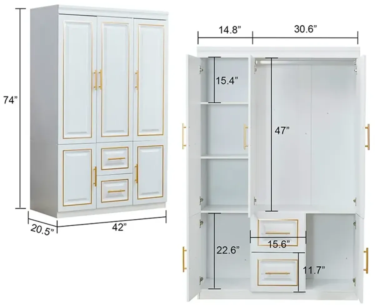 Armoire Wardrobe Closet with 3 Doors and 2 Drawers and Hanging Rail Bedroom Armoires Wood Clothes Storage Cabinet with Metal Handles White 47.3" W x 20.3" D x 74.2" H