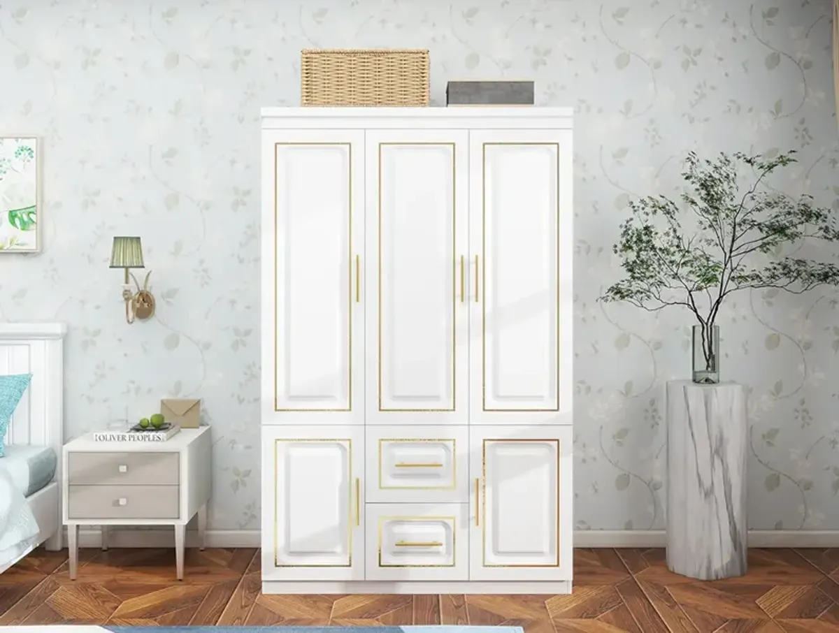 Armoire Wardrobe Closet with 3 Doors and 2 Drawers and Hanging Rail Bedroom Armoires Wood Clothes Storage Cabinet with Metal Handles White 47.3" W x 20.3" D x 74.2" H