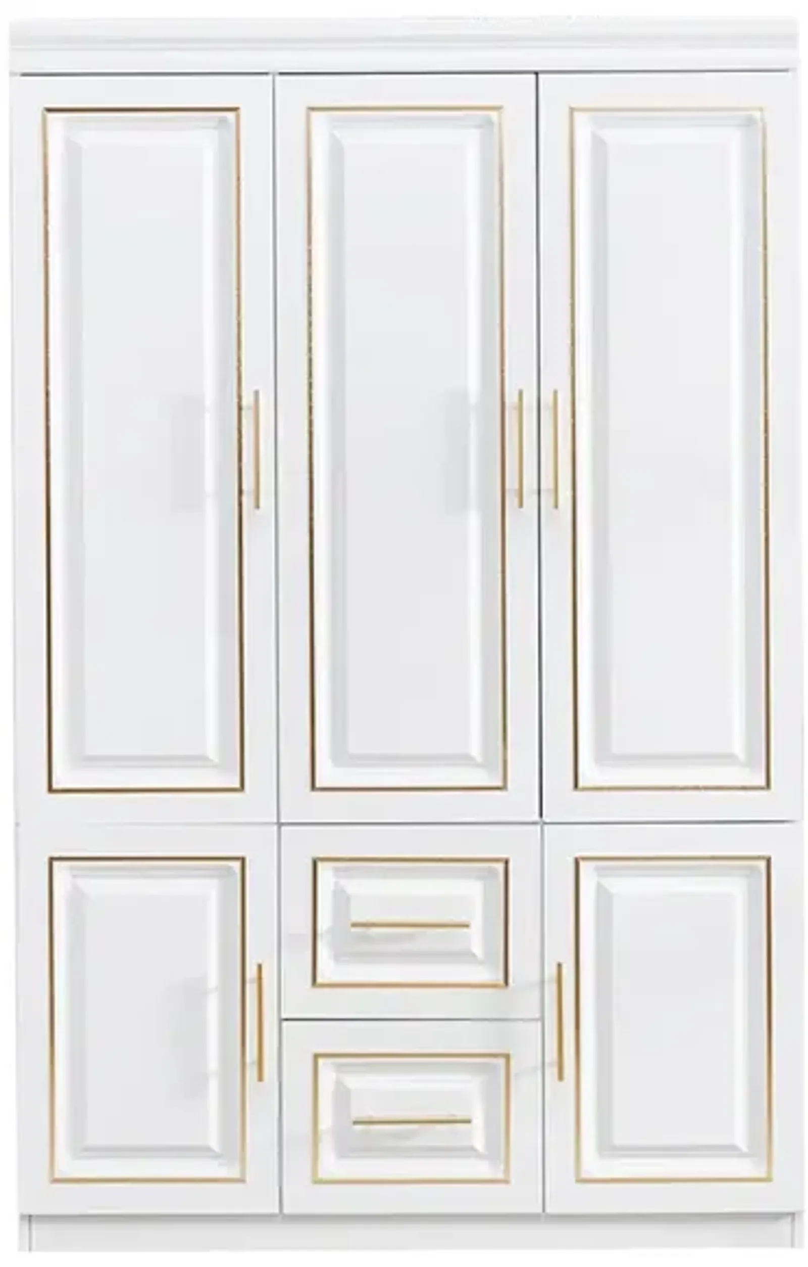 Armoire Wardrobe Closet with 3 Doors and 2 Drawers and Hanging Rail Bedroom Armoires Wood Clothes Storage Cabinet with Metal Handles White 47.3" W x 20.3" D x 74.2" H