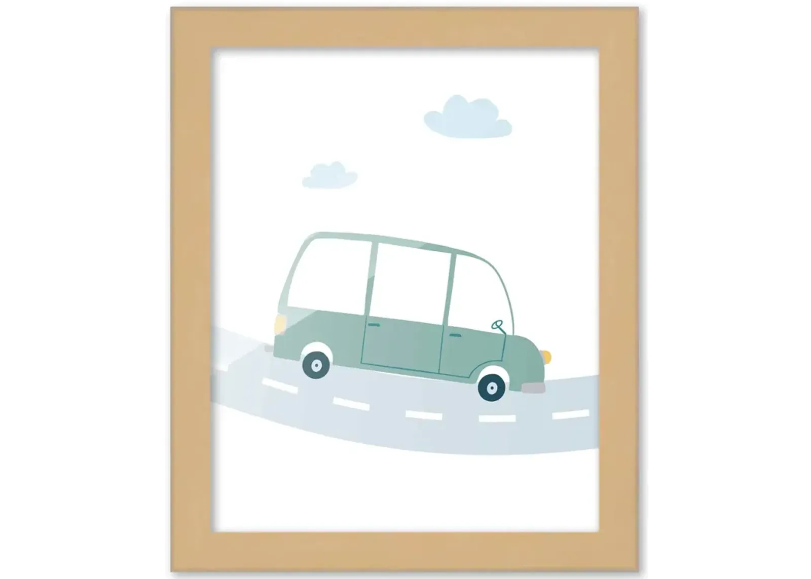 8x10 Framed Nursery Wall Art Hand Drawn Green Van Poster in Natural Wood Frames For Kid Bedroom or Playroom