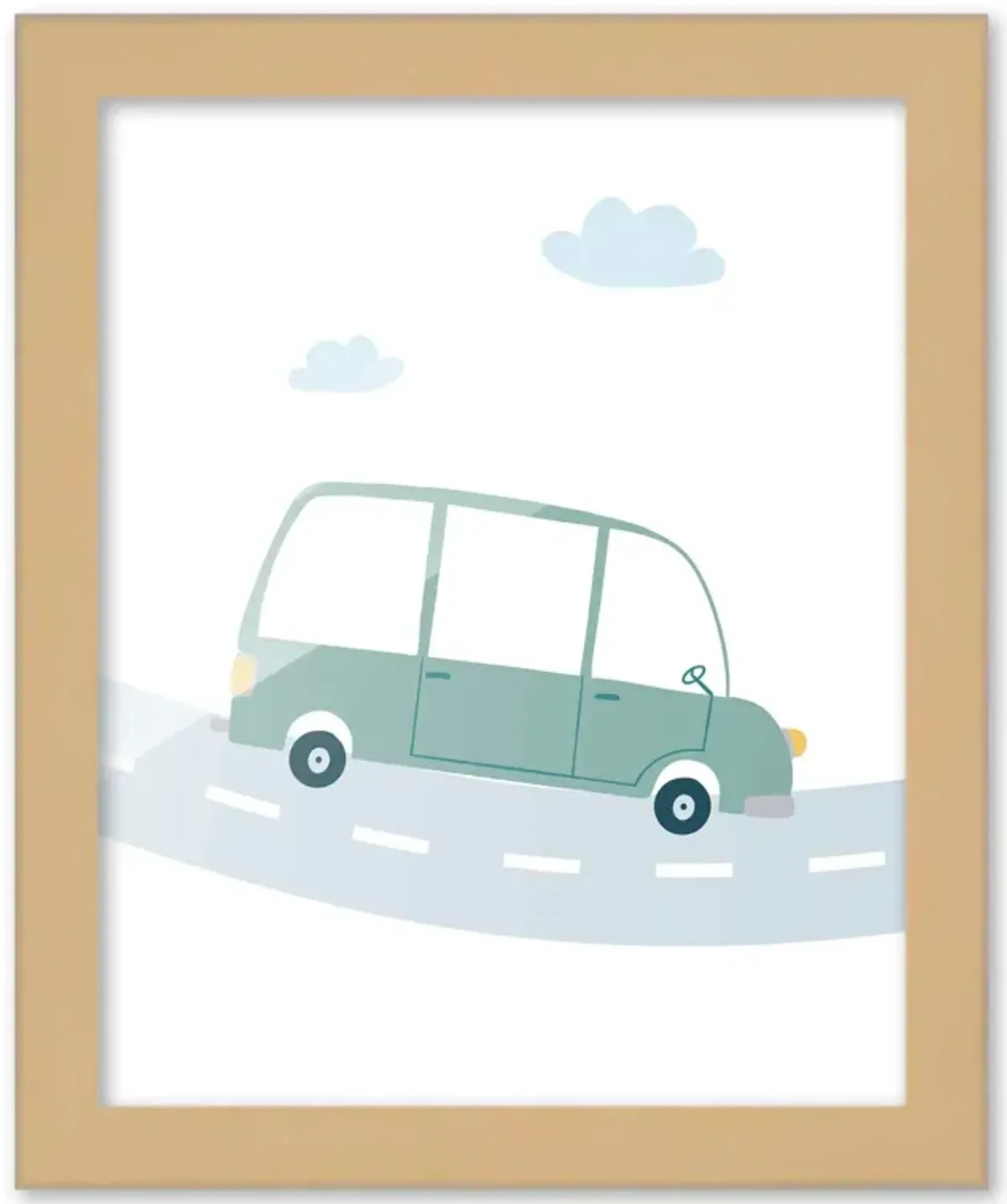 8x10 Framed Nursery Wall Art Hand Drawn Green Van Poster in Natural Wood Frames For Kid Bedroom or Playroom