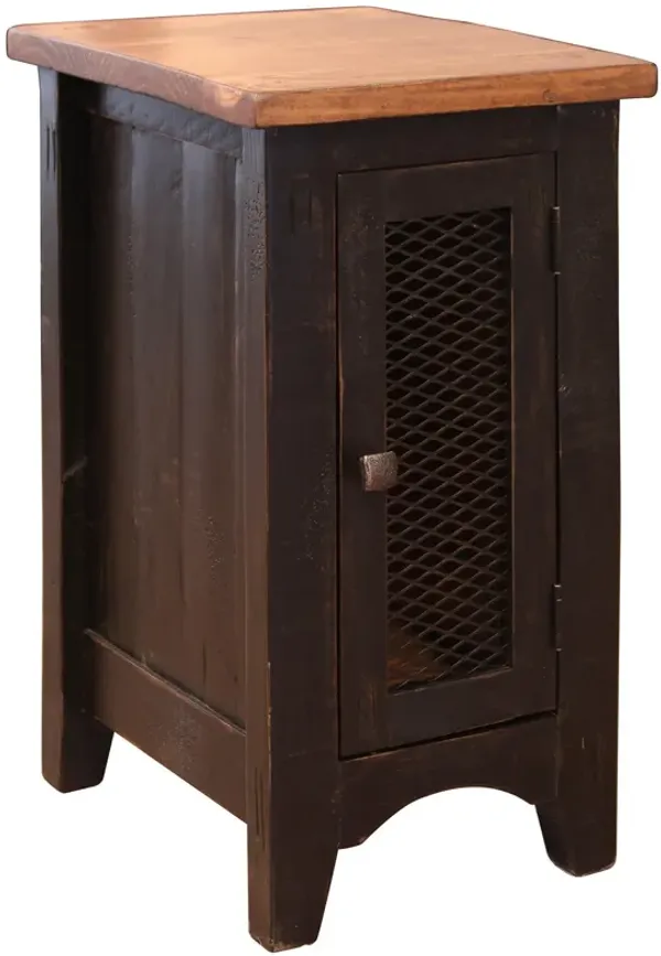 Benjara Side Ata 26 Inch Chairside Table with Mesh Door, Solid Pine Wood, Black and Brown