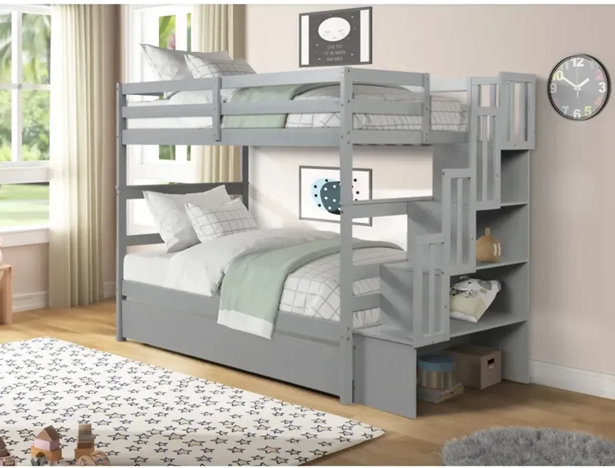 Bunk Beds Twin Over Twin Stairway Storage Function Gray