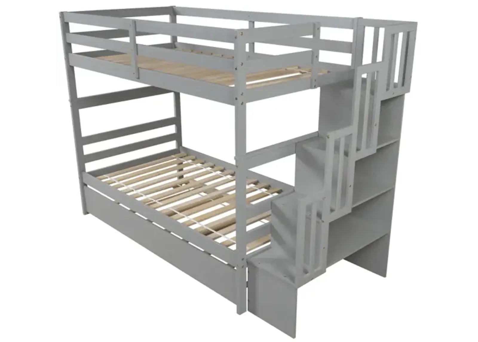 Bunk Beds Twin Over Twin Stairway Storage Function Gray