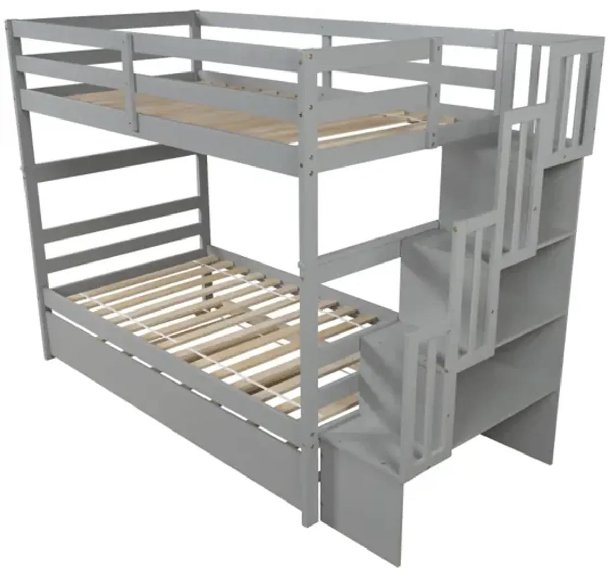 Bunk Beds Twin Over Twin Stairway Storage Function Gray