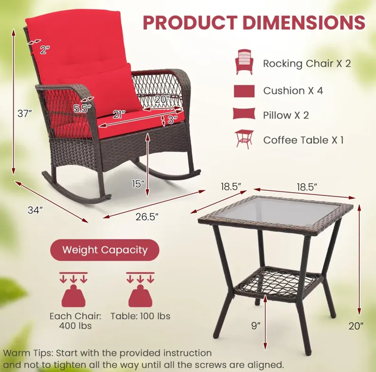 3 Pieces Rocking Bistro Set with 2-Tier Coffee Table