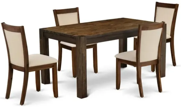 East West Furniture East West Furniture - CNMZ5-N7-32 - 5-Piece Dinner Table Set - A Mid Century Dining Table and 4 Light Beige Linen Fabric Padded Wood Dining Chairs with Stylish High Back  (Distressed Jacobean Finish)