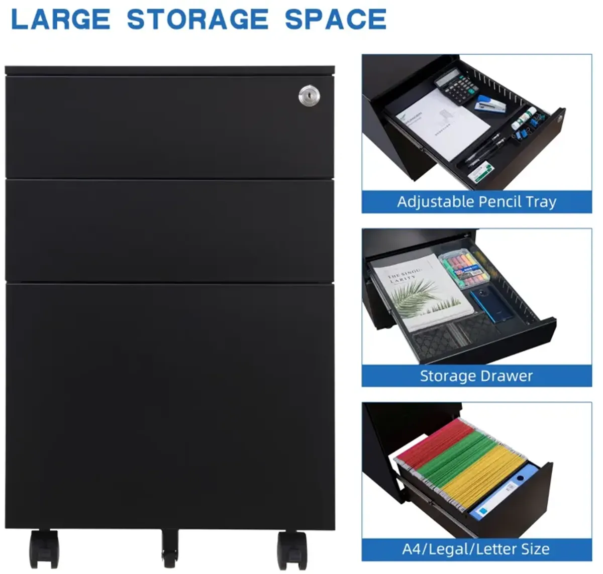 Steel File Cabinet with Lock and Wheels for Legal/Letter Size