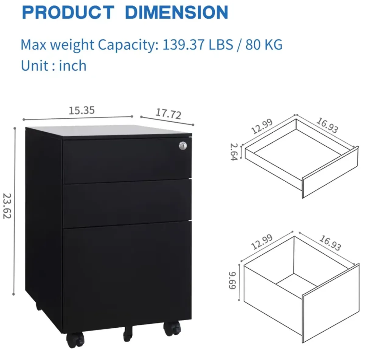 Steel File Cabinet with Lock and Wheels for Legal/Letter Size