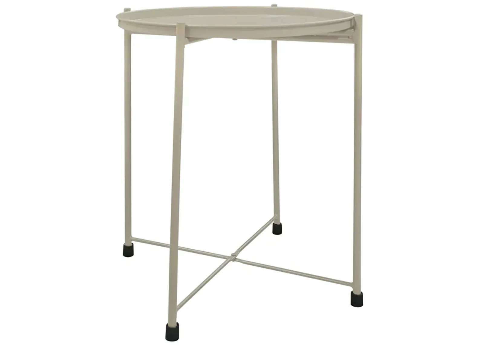 18 Inch Modern Side End Table, Round Metal Tray Top, Foldable Legs, Beige - Benzara