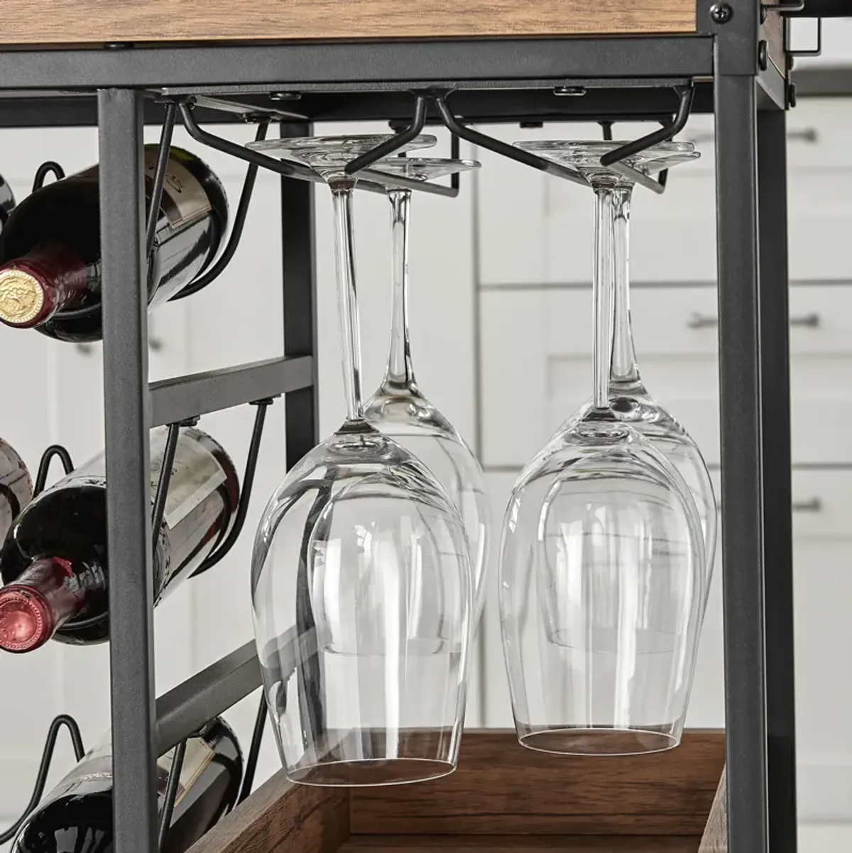 Rustic Walnut Veneer and Metal Rolling Farmhouse Wine Bar Cart with Wine Bottle and Glass Rack