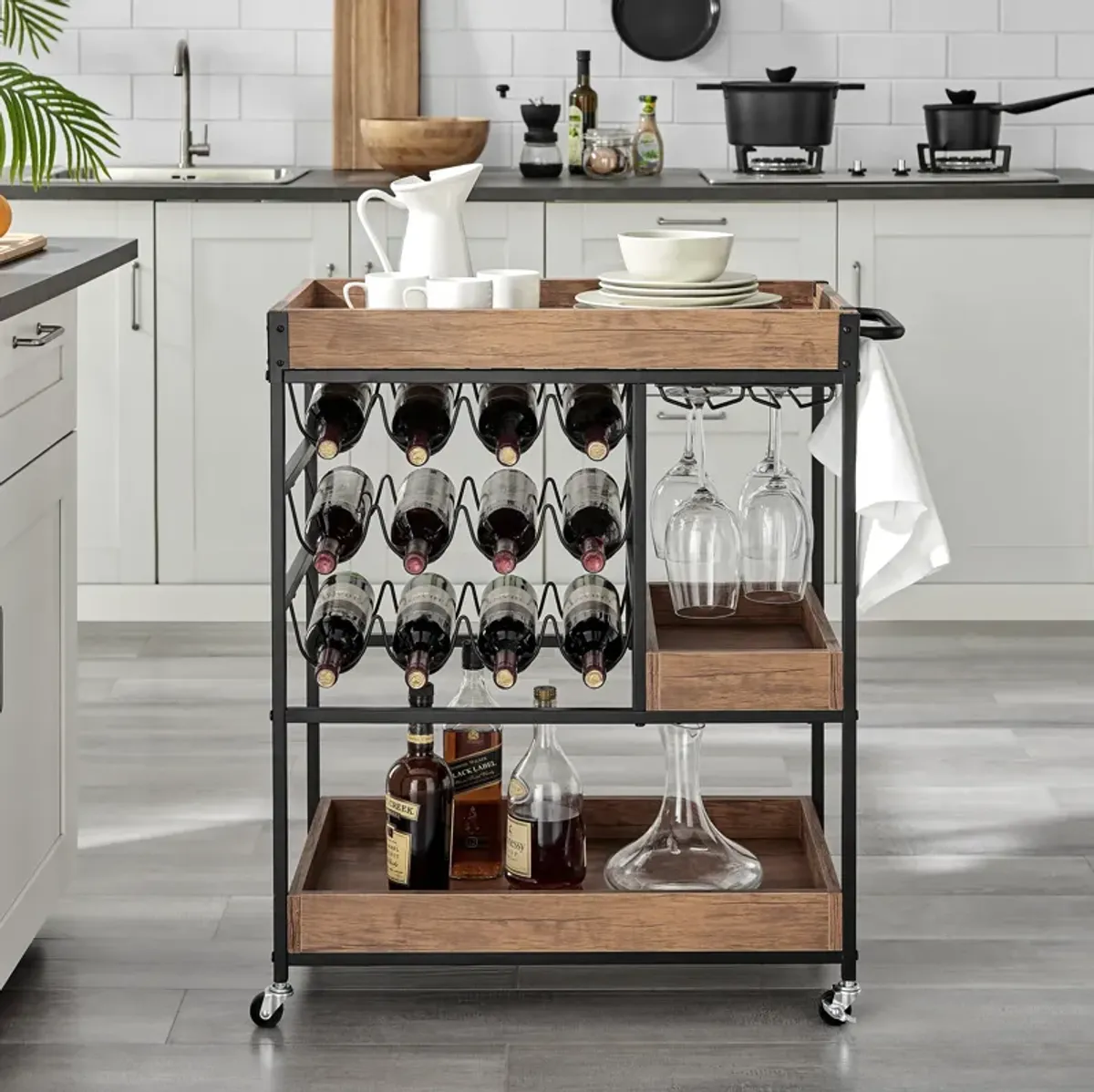 Rustic Walnut Veneer and Metal Rolling Farmhouse Wine Bar Cart with Wine Bottle and Glass Rack