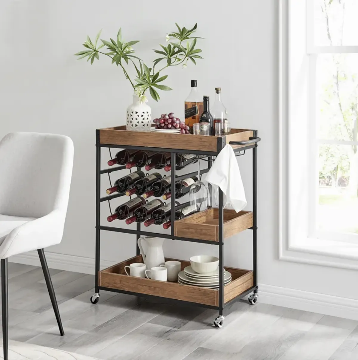 Rustic Walnut Veneer and Metal Rolling Farmhouse Wine Bar Cart with Wine Bottle and Glass Rack