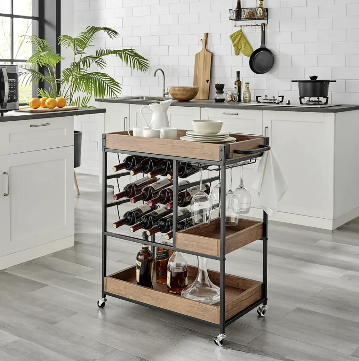 Rustic Walnut Veneer and Metal Rolling Farmhouse Wine Bar Cart with Wine Bottle and Glass Rack