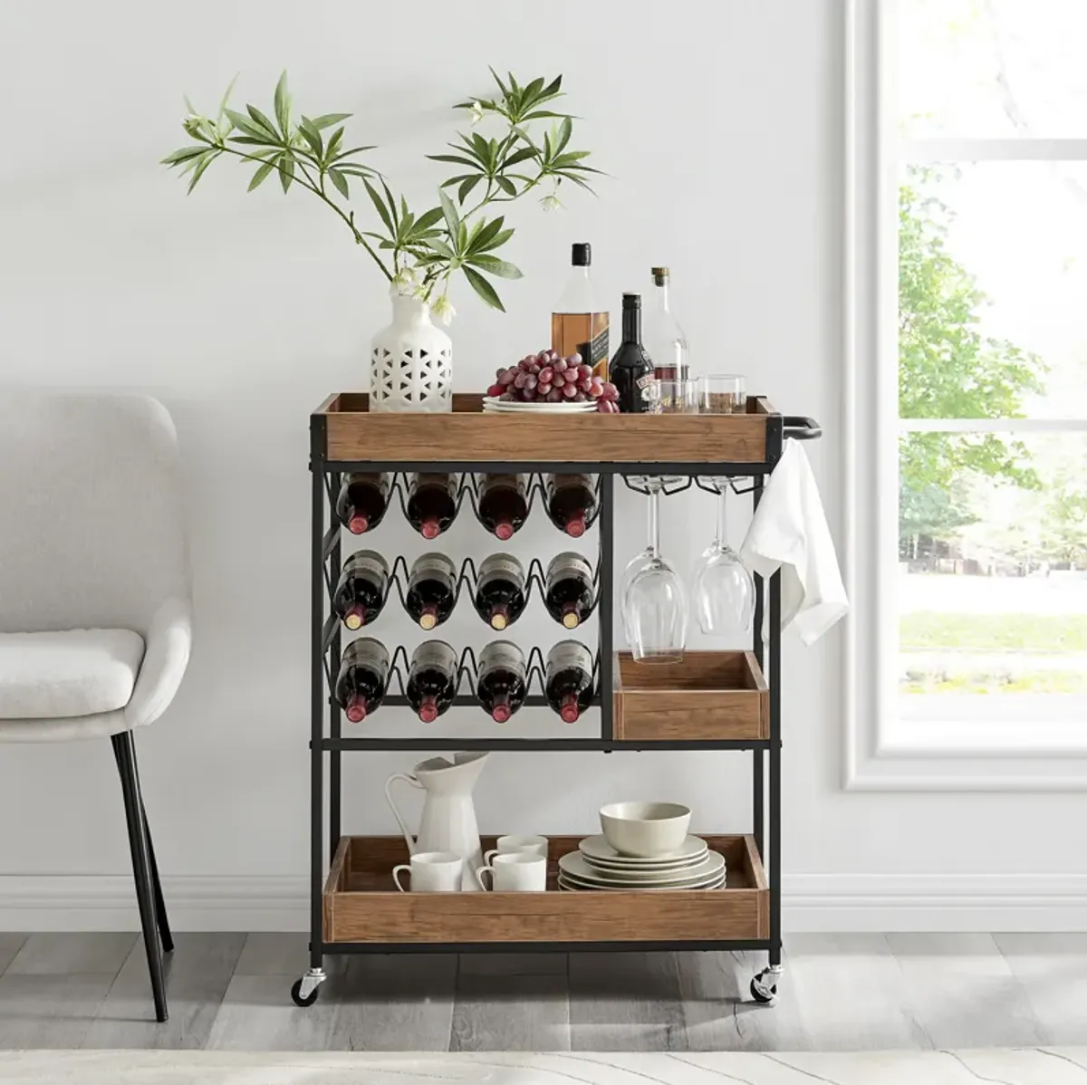 Rustic Walnut Veneer and Metal Rolling Farmhouse Wine Bar Cart with Wine Bottle and Glass Rack