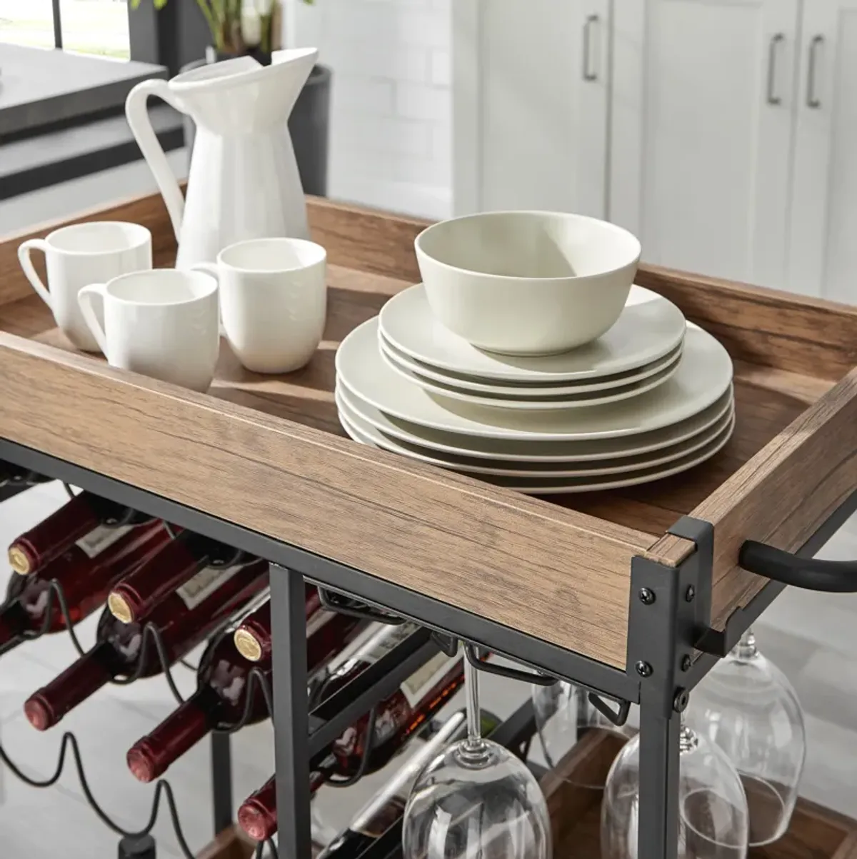 Rustic Walnut Veneer and Metal Rolling Farmhouse Wine Bar Cart with Wine Bottle and Glass Rack