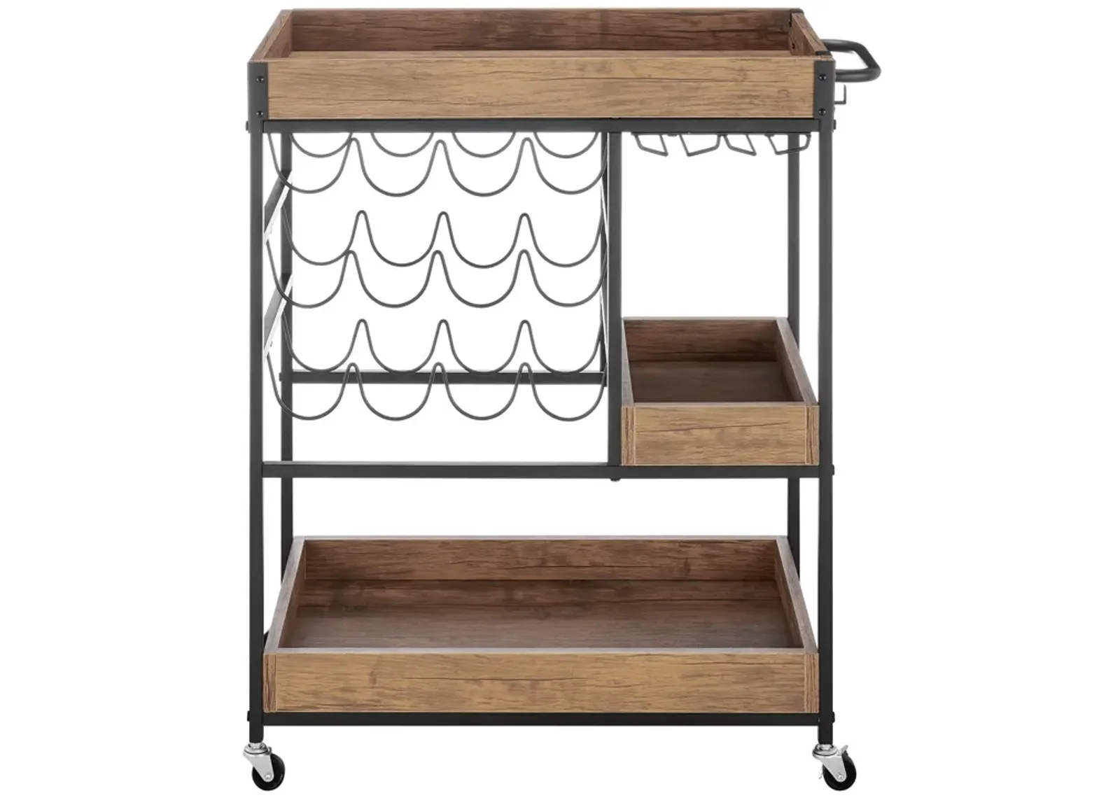 Rustic Walnut Veneer and Metal Rolling Farmhouse Wine Bar Cart with Wine Bottle and Glass Rack