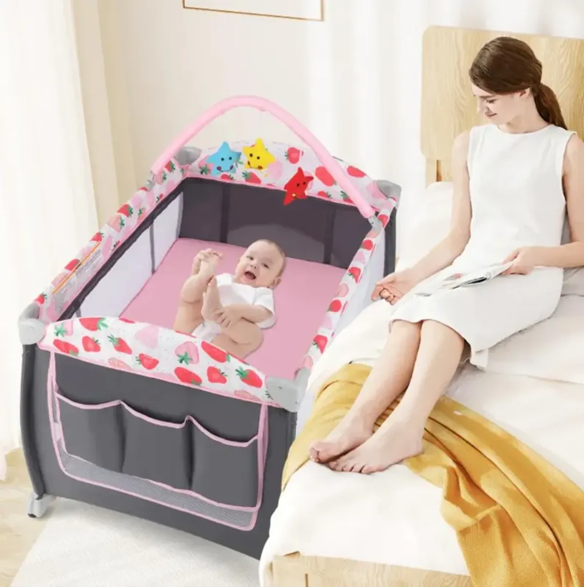 Hivvago 3-in-1 Portable Baby Playard with Zippered Door and Toy Bar