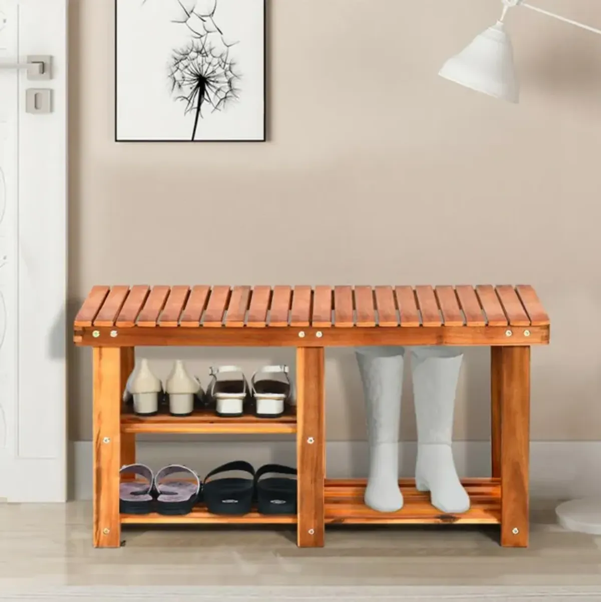 Hivvago 3-Tier Freestanding Wooden Shoe Organizer with Seat