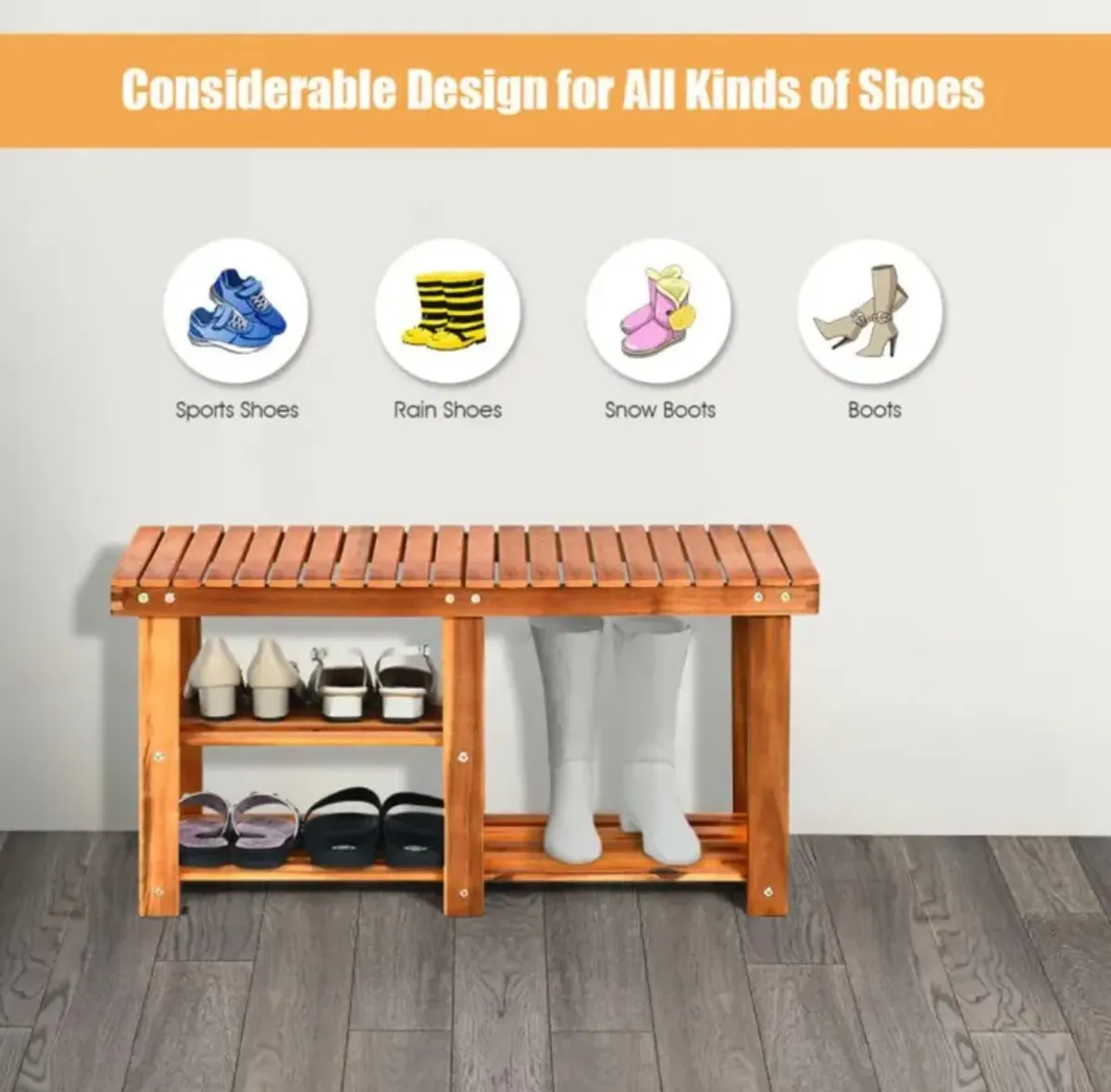 Hivvago 3-Tier Freestanding Wooden Shoe Organizer with Seat