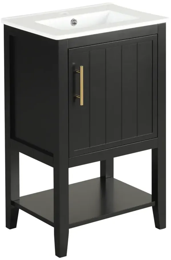 Whisen Vintage Bathroom Vanity with Sink, Bathroom Cabinet with Soft Closing Door, Storage Rack and Open Shelf - Black