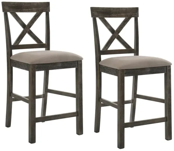 Wooden Counter Height Chair with X Shaped Backrest and Built in Footrest, Set of 2, Gray