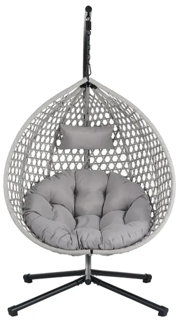 Mondawe Outdoor Rattan Egg Chair W/ Adjustable Headrest & Iron Base,Hollow-Out Design Hanging Chair