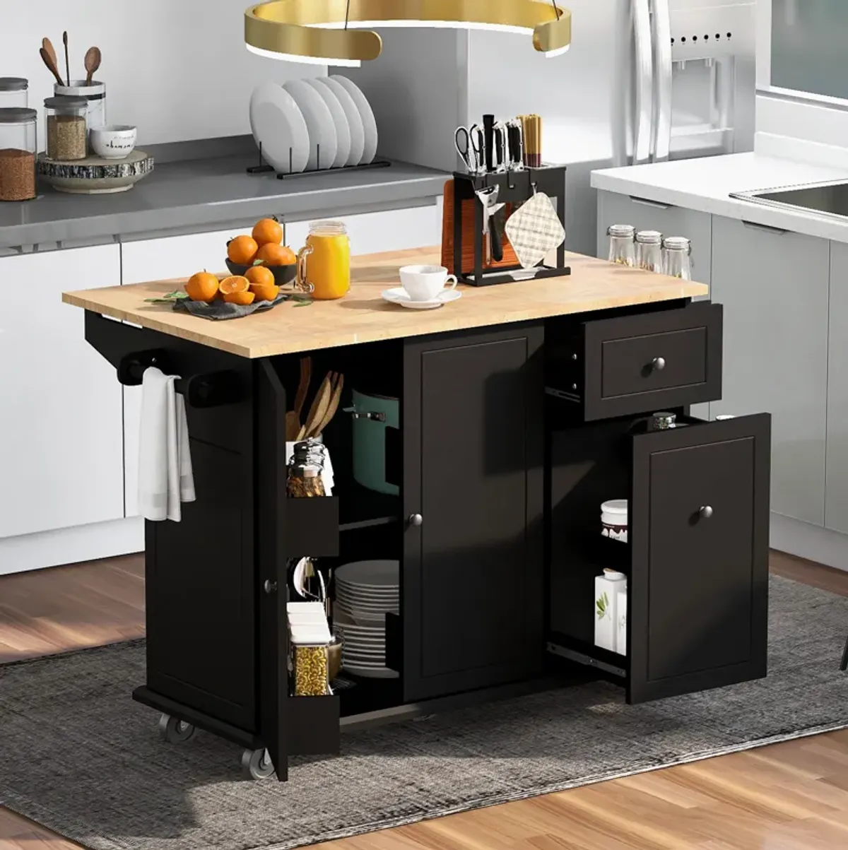 Whisen Kitchen Island Kitchen Cart on Wheels with Internal Storage Rack and 3 Tier Pull Out Cabinet Organizer-Grey Blue