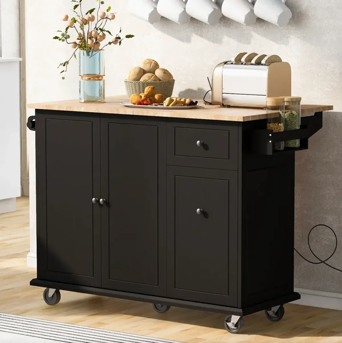 Whisen Kitchen Island Kitchen Cart on Wheels with Internal Storage Rack and 3 Tier Pull Out Cabinet Organizer-Grey Blue