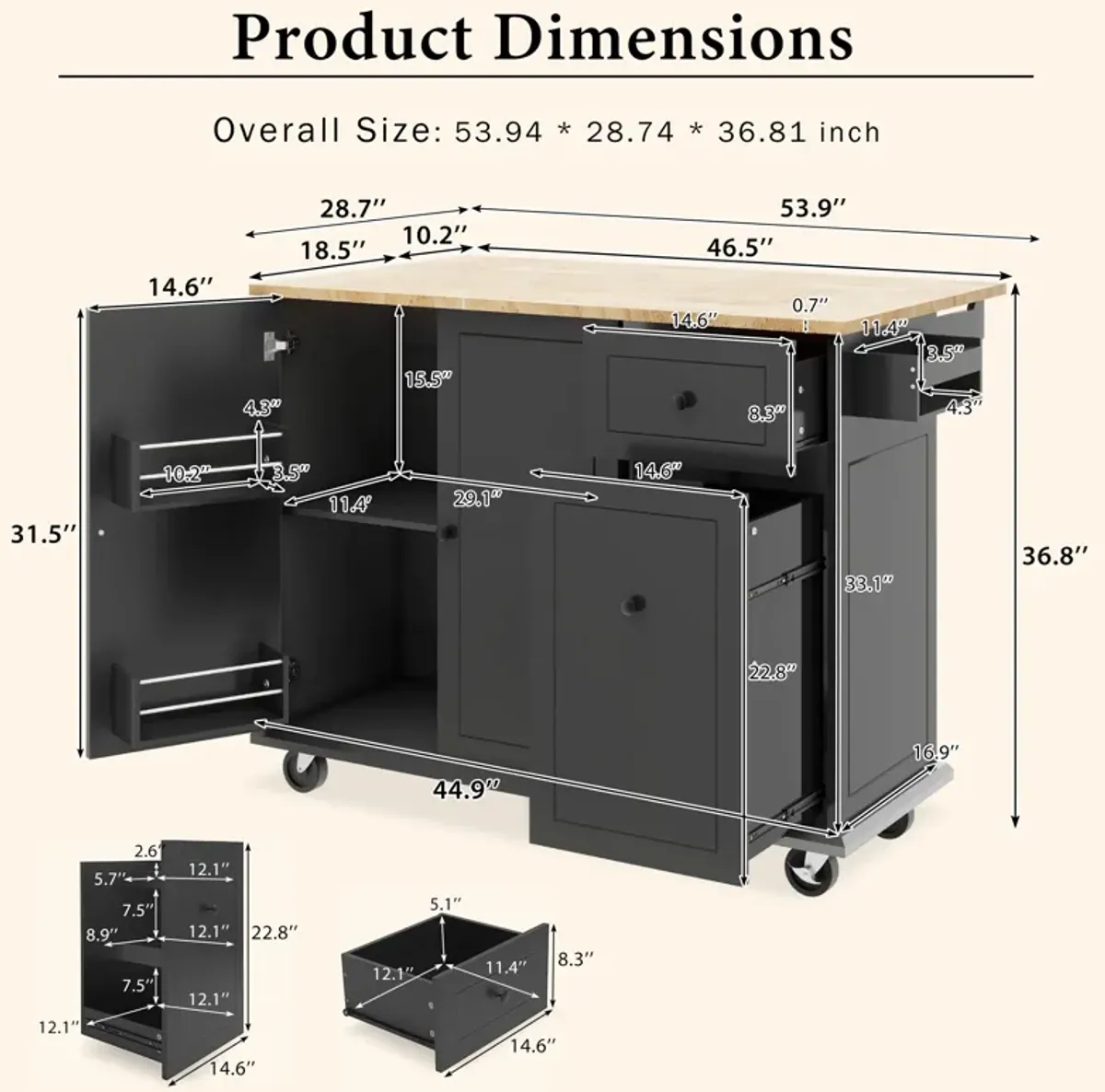 Whisen Kitchen Island Kitchen Cart on Wheels with Internal Storage Rack and 3 Tier Pull Out Cabinet Organizer-Grey Blue