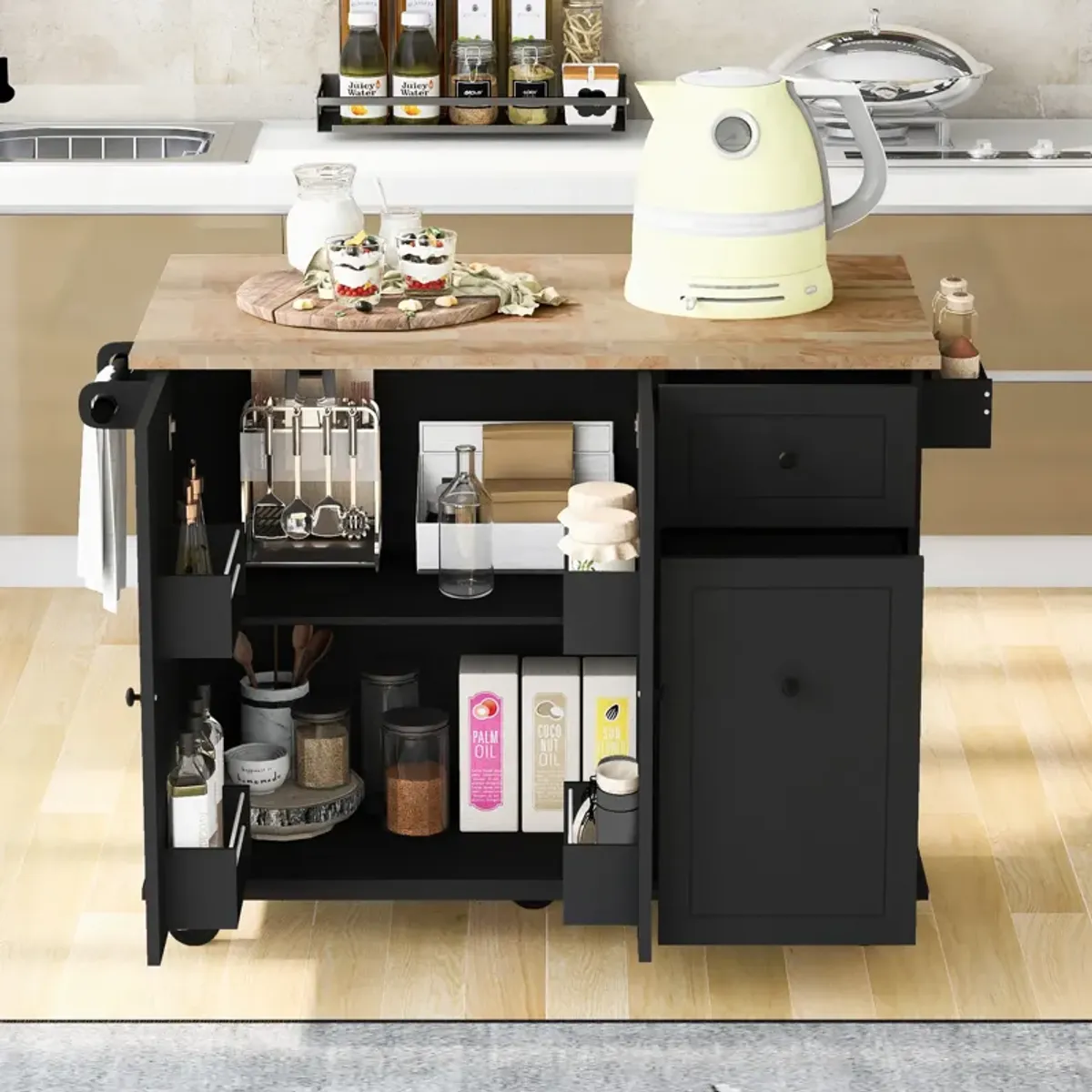 Whisen Kitchen Island Kitchen Cart on Wheels with Internal Storage Rack and 3 Tier Pull Out Cabinet Organizer-Grey Blue