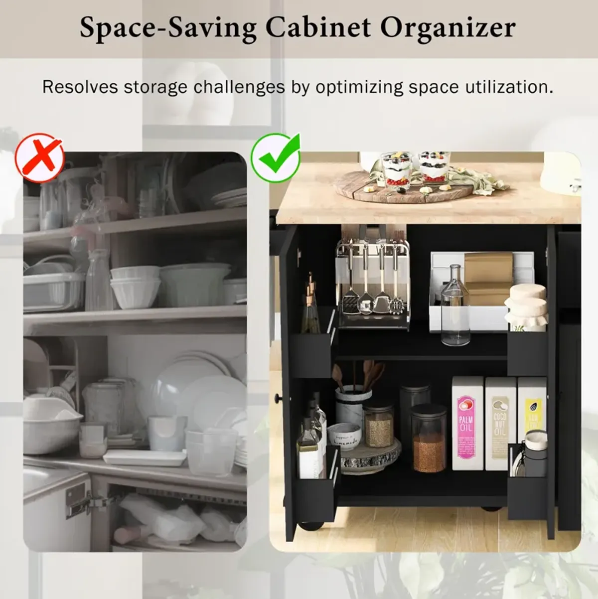 Whisen Kitchen Island Kitchen Cart on Wheels with Internal Storage Rack and 3 Tier Pull Out Cabinet Organizer-Grey Blue