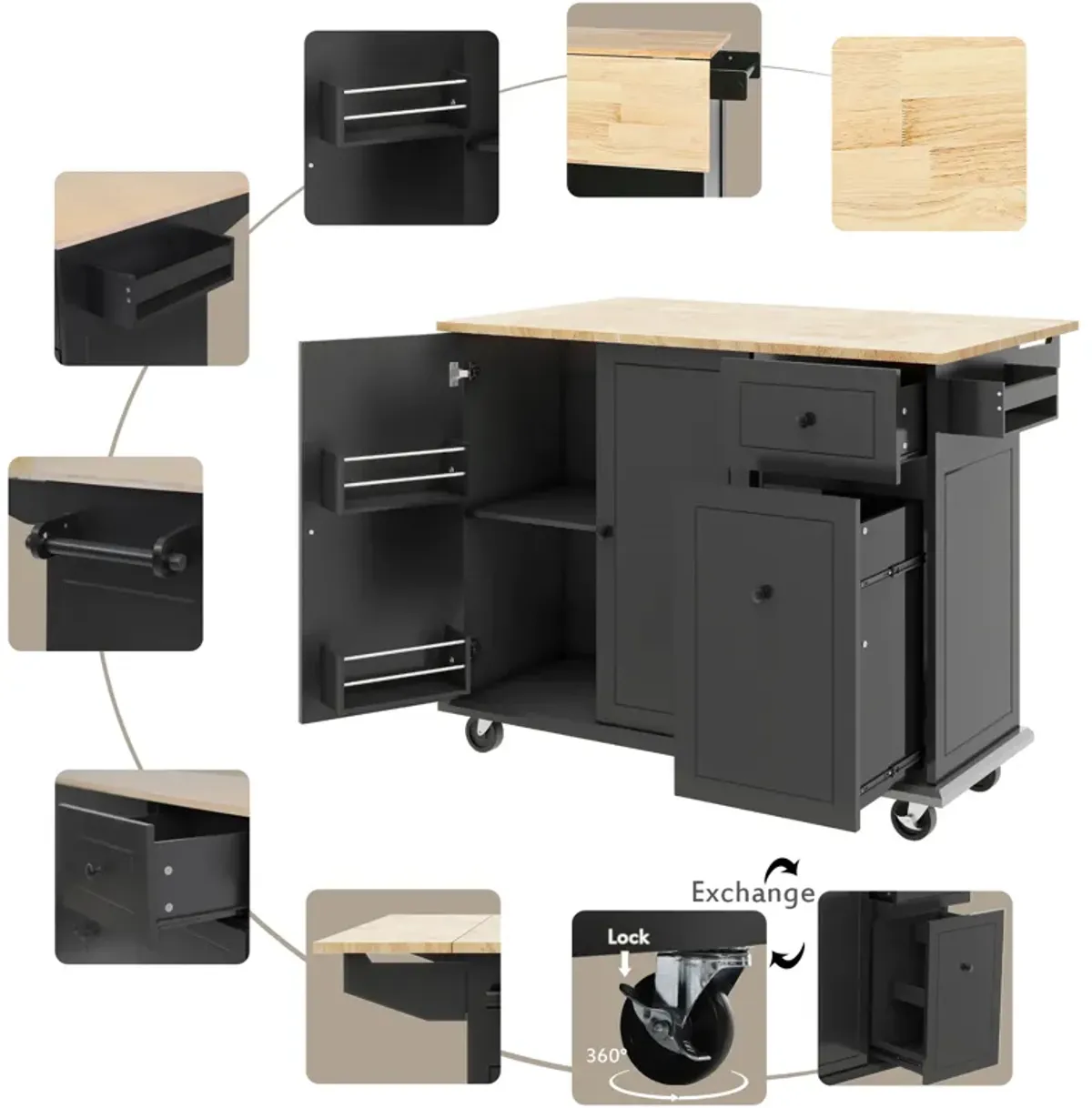 Whisen Kitchen Island Kitchen Cart on Wheels with Internal Storage Rack and 3 Tier Pull Out Cabinet Organizer-Grey Blue